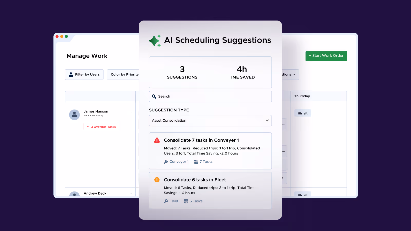 Dashboard showing AI scheduling suggestions with 3 suggestions and 4 hours saved, including consolidating tasks for Conveyer 1 and Fleet.